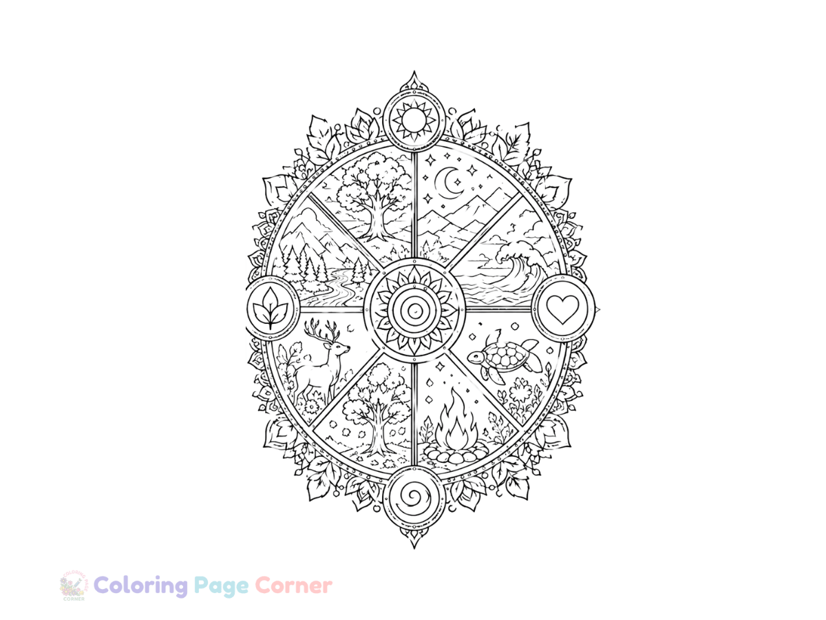 Wheel of Life Mandala Coloring Page outline