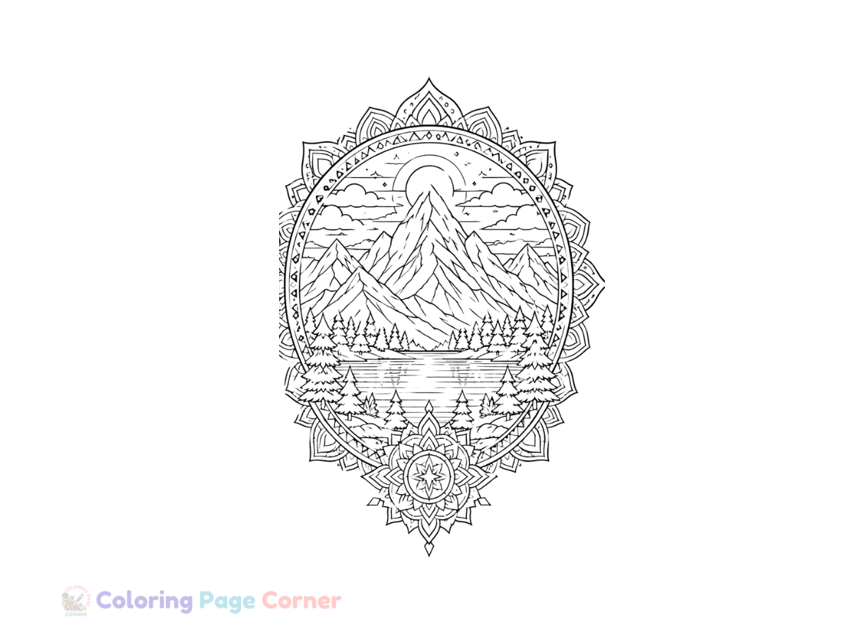 Printable Mountain Mandala Coloring Page outline