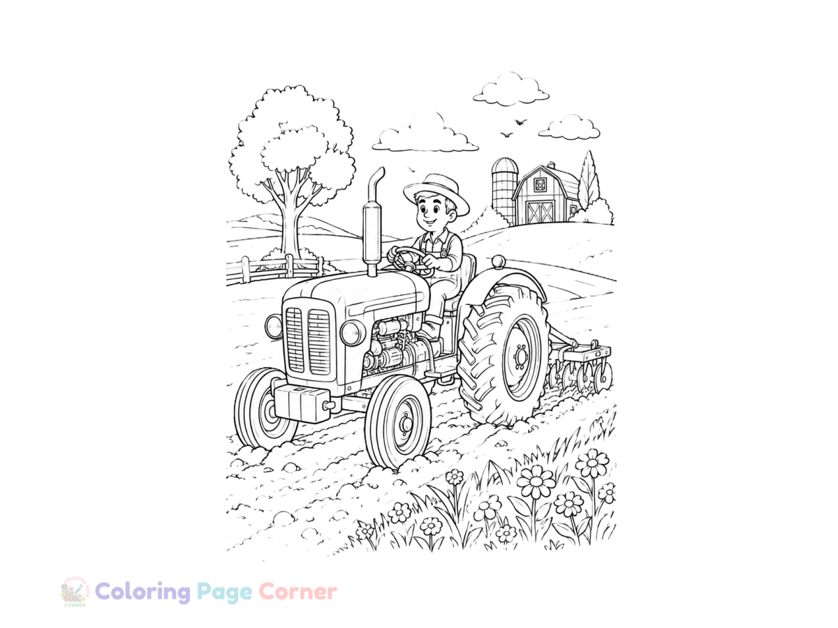 Tractor at Work Coloring Page for Kids outline
