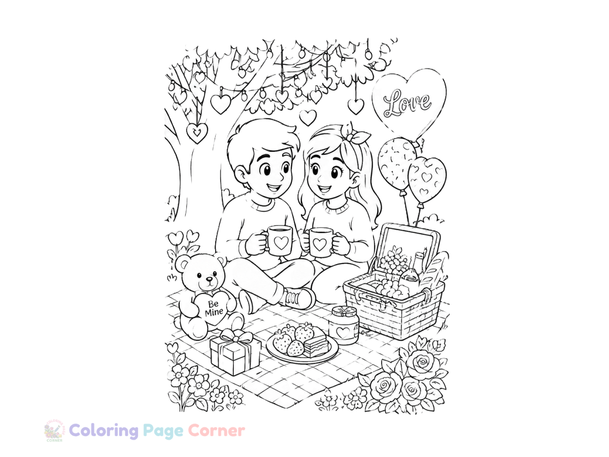 Romantic Valentine Picnic Coloring Page outline