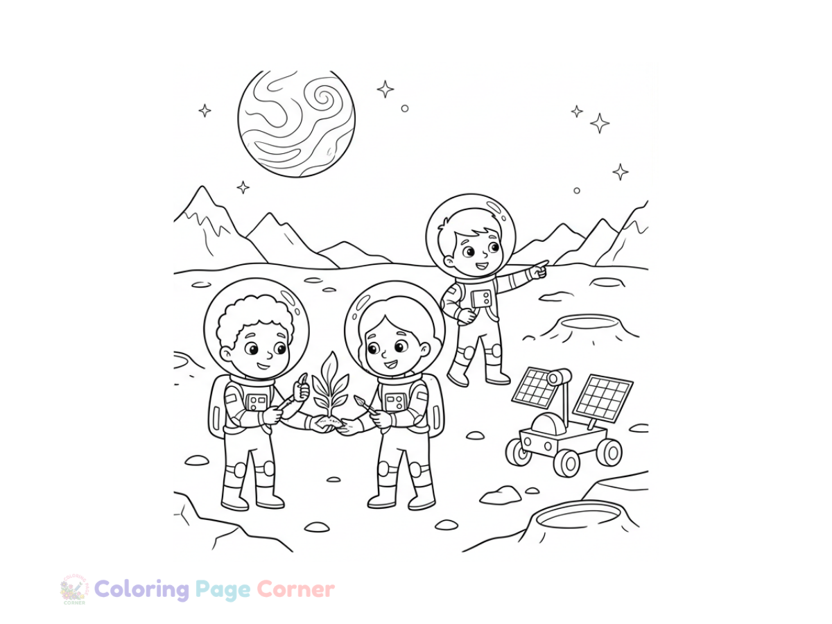 Free Kids Astronaut Team Coloring Page outline