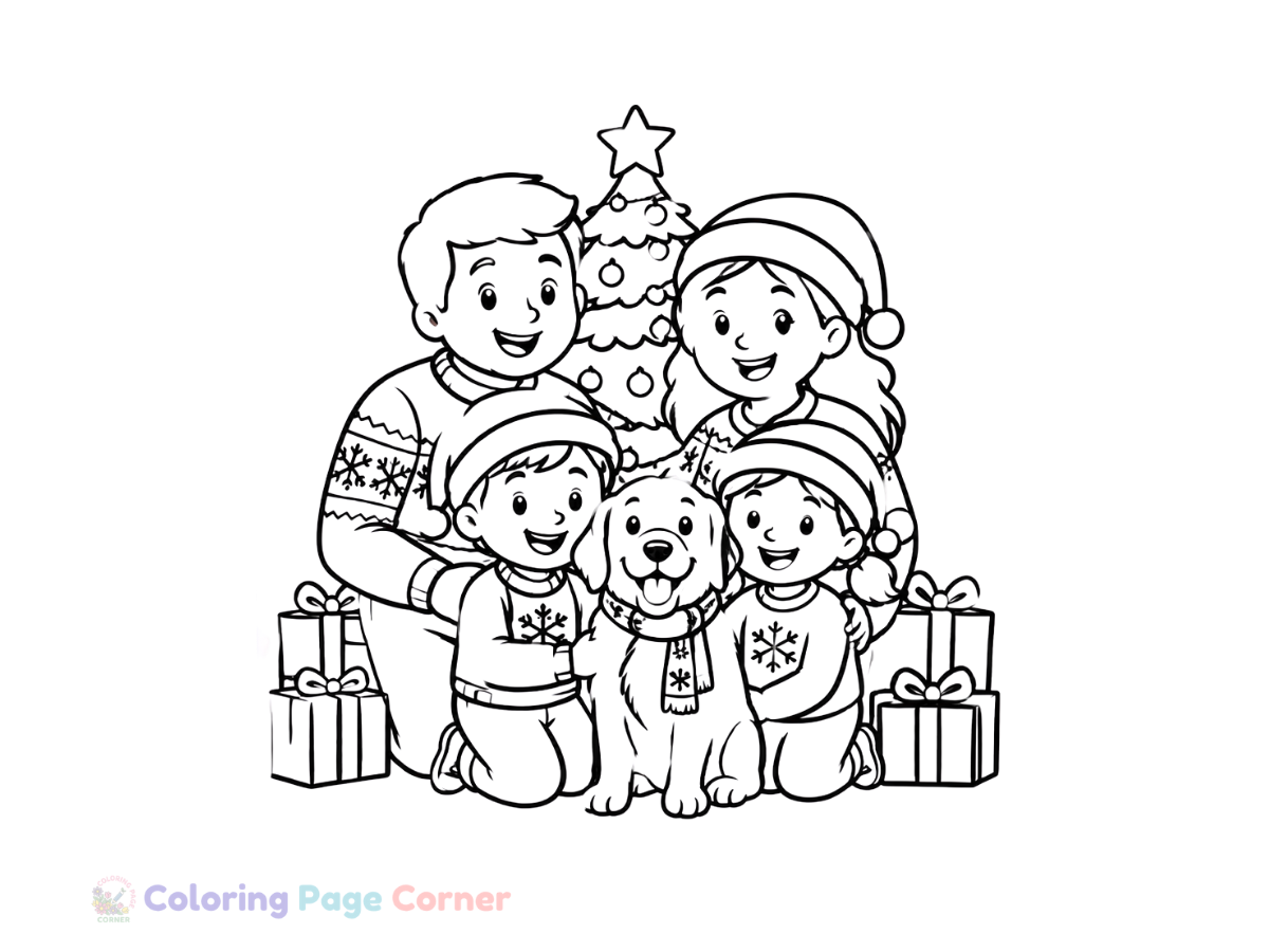 Free Holiday Family Photo Coloring Page outline