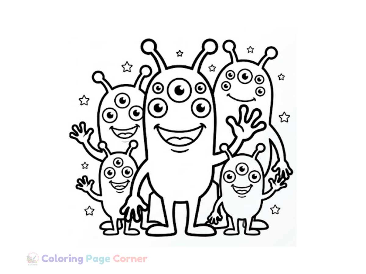 Alien Family Coloring Page outline