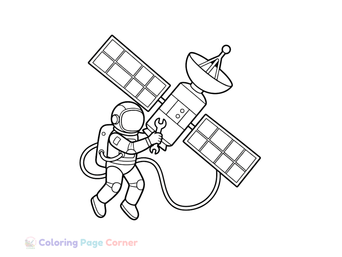 Printable Astronaut Fixing a Satellite Coloring Page outline