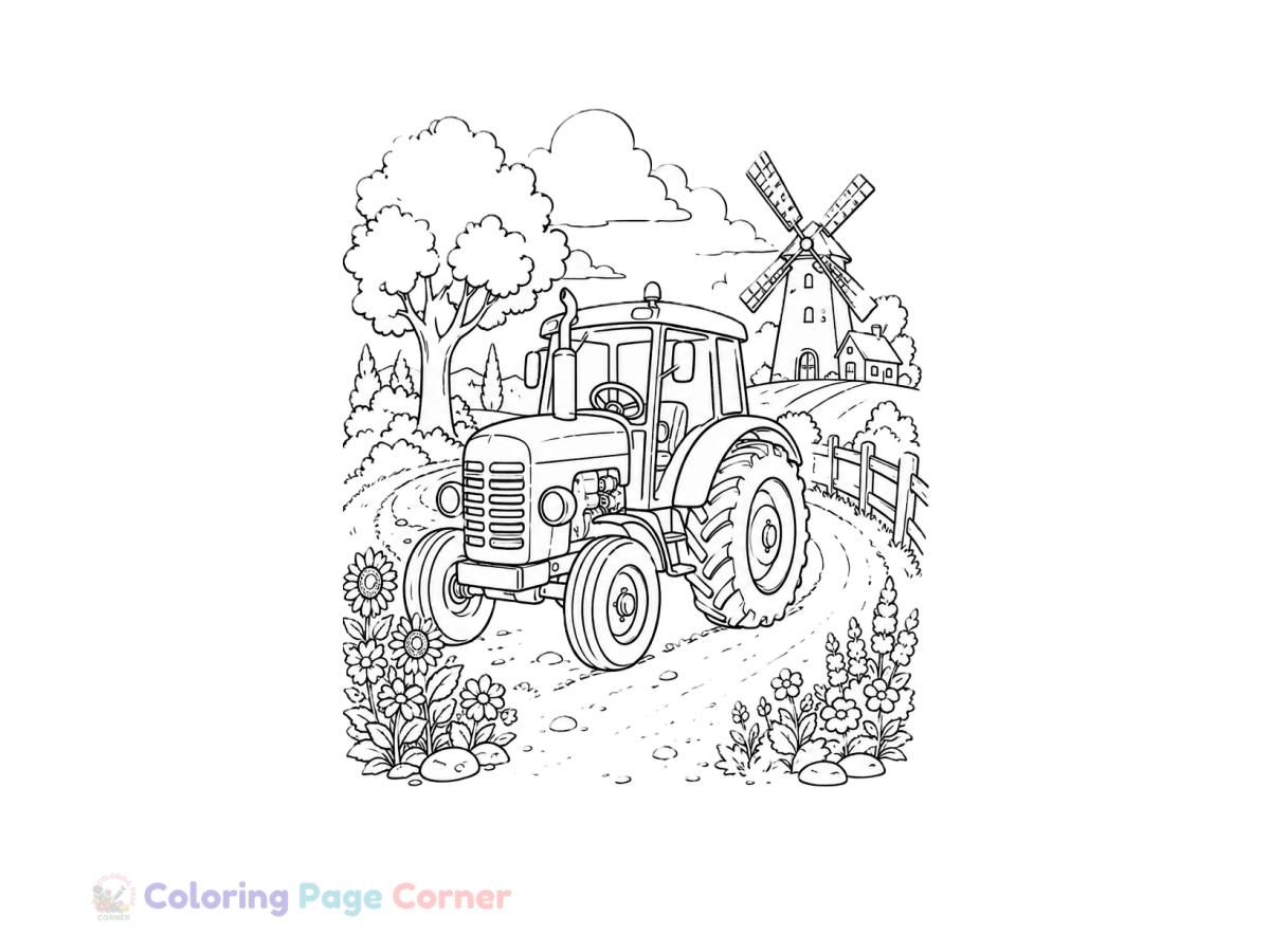 Printable Tractor on the Road Coloring Page outline