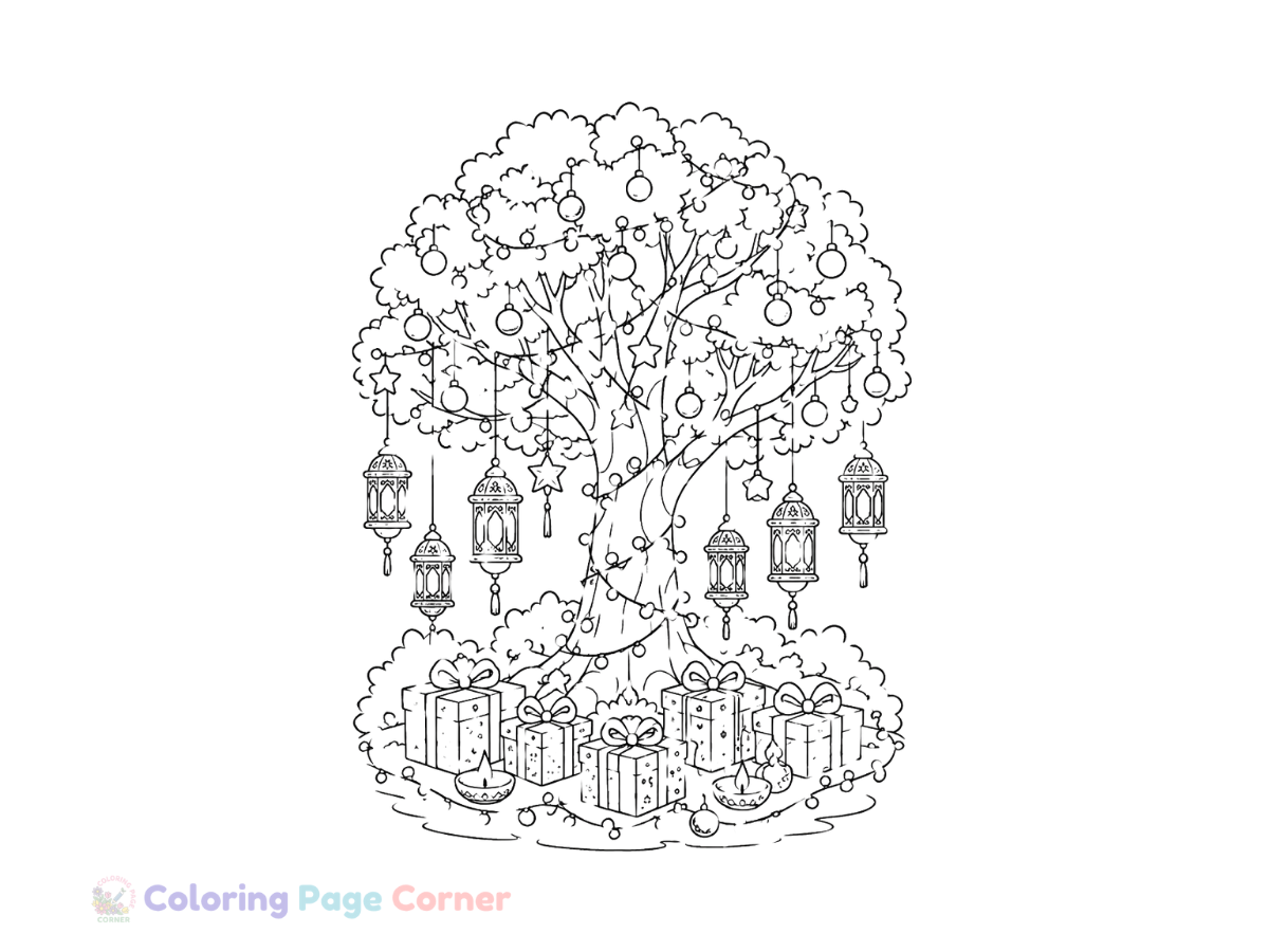 Holiday Tree Lighting Coloring Page for Kids outline