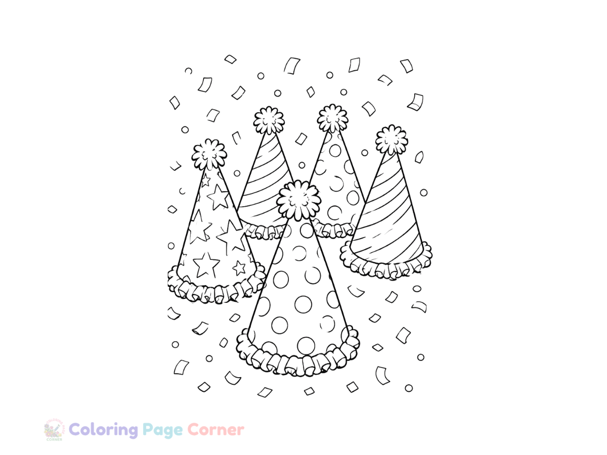 Printable Party Hats and Confetti Coloring Page outline