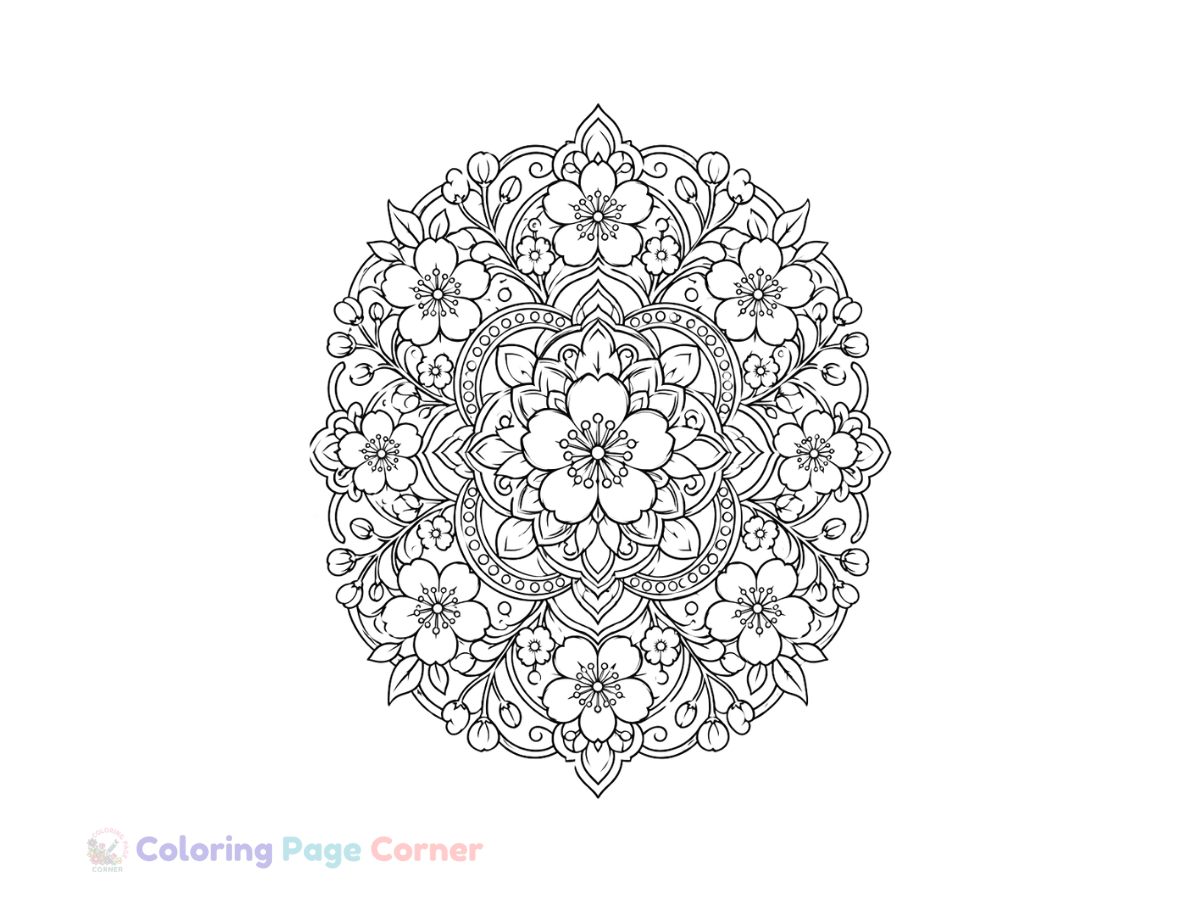 Cherry Blossom Mandala Coloring Page for Kids outline