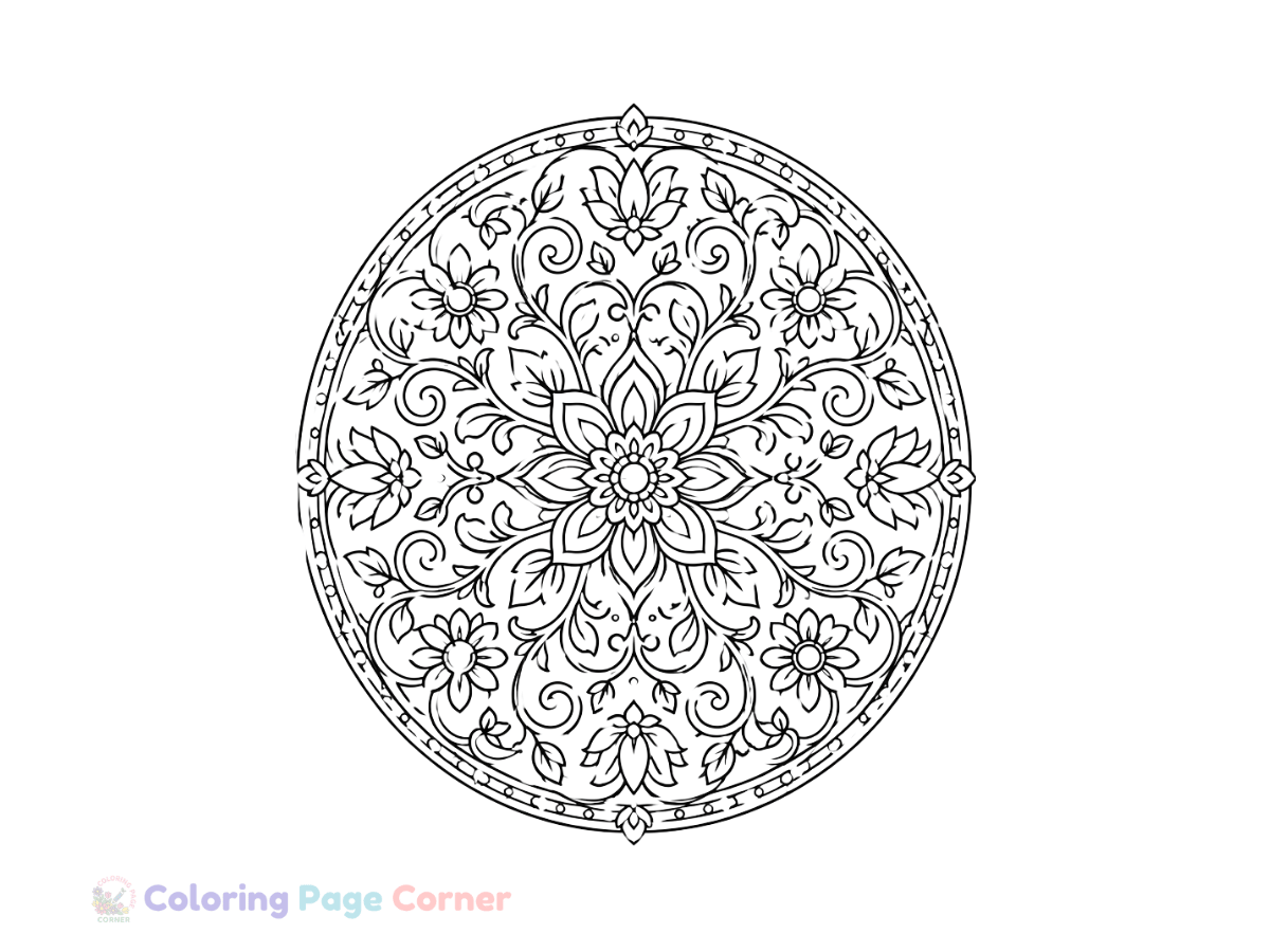 Printable Vine and Flower Mandala Coloring Page outline