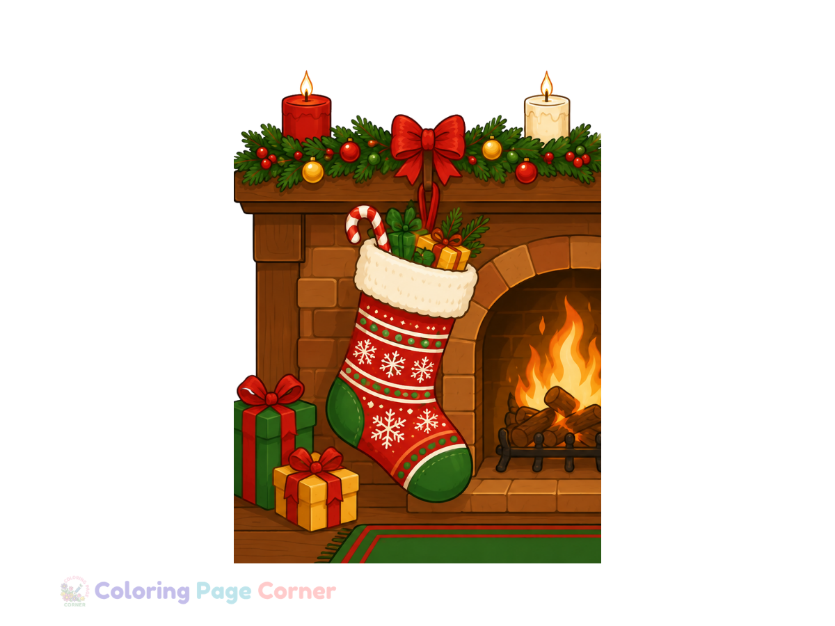 Free Holiday Stocking by the Fireplace Coloring Page