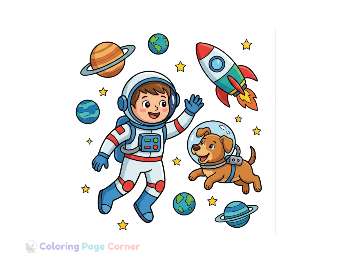 Astronaut with Space Dog Coloring Page for Kids