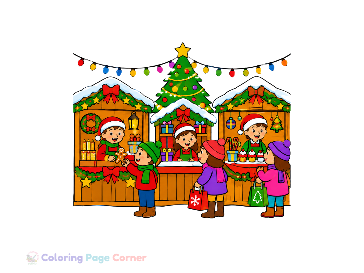 Printable Holiday Market Stalls Coloring Page