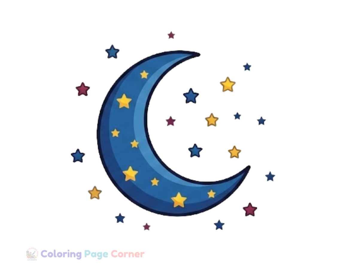 Crescent Moon and Stars Coloring Page
